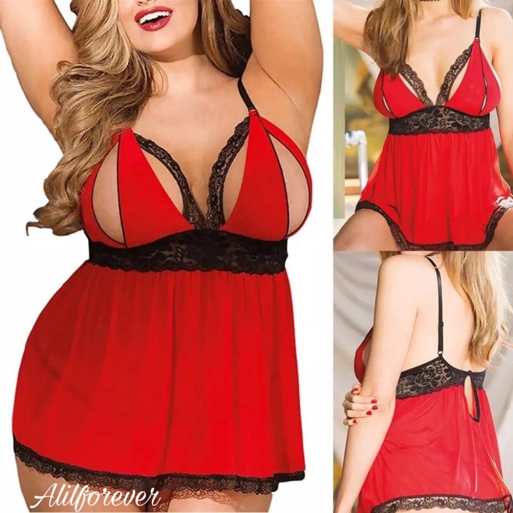 🥰 Red & Black Babydoll Lingerie 2X - Picture 1 of 6